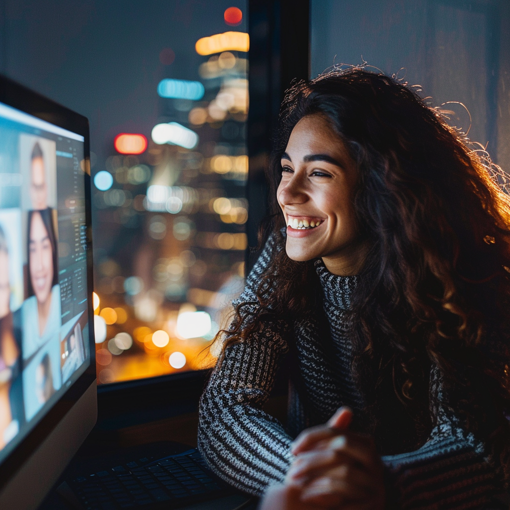 woman smiling, looking at computer, in Zoom meeting, nighttime cityscape behind her
