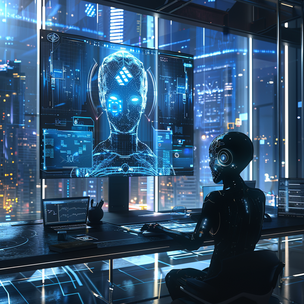 Futuristic virtual assistant in modern office with cityscape blue lighting interacting with AI on screen