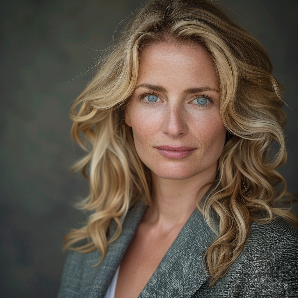 headshot of woman with blue eyes and medium length blonde hair wearing gray business jacket