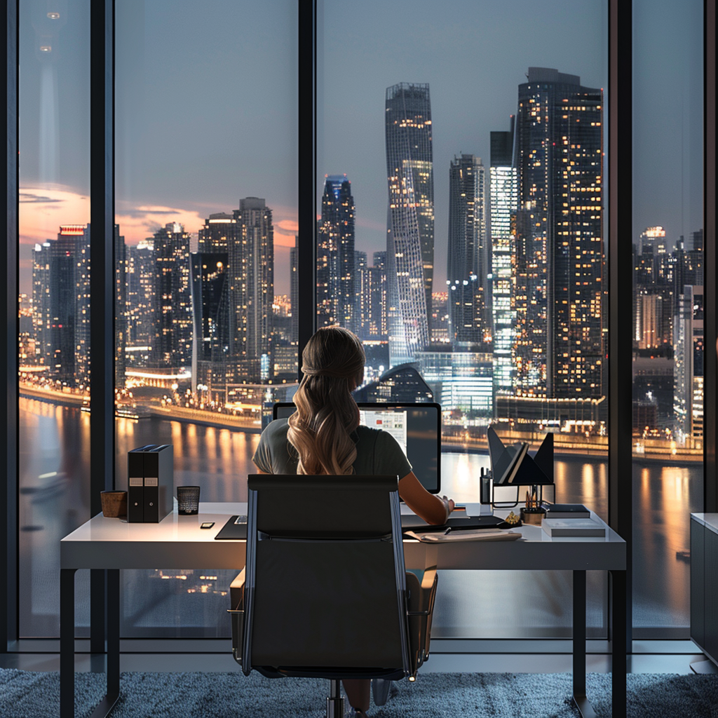 woman sitting at desk working on computer in front of large window overlooking city at dusk