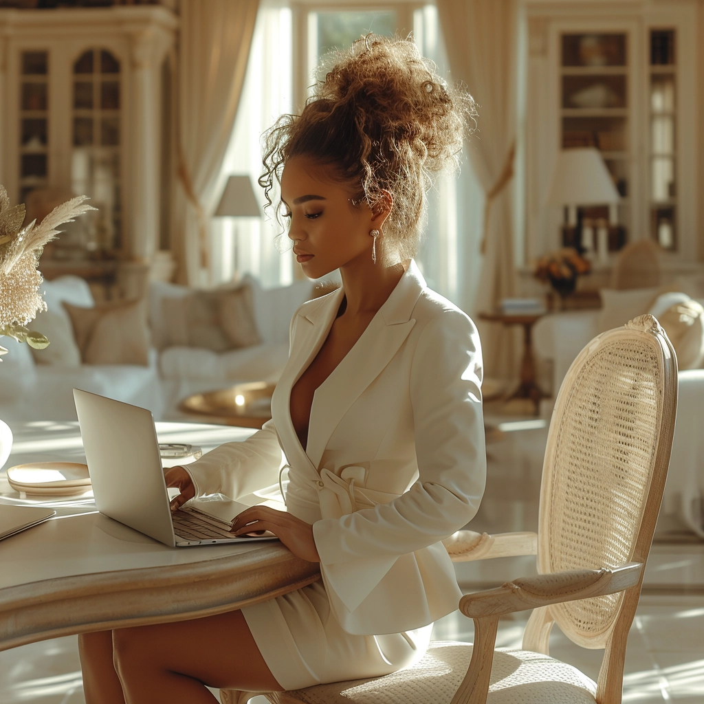 Black women wearing white suit jacket and short skirt sitting at desk in home, white furniture, rich