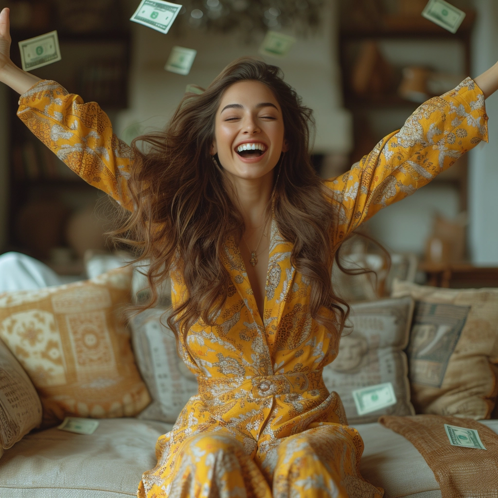 woman with long brown hair throwing dollar bills into air, smiling