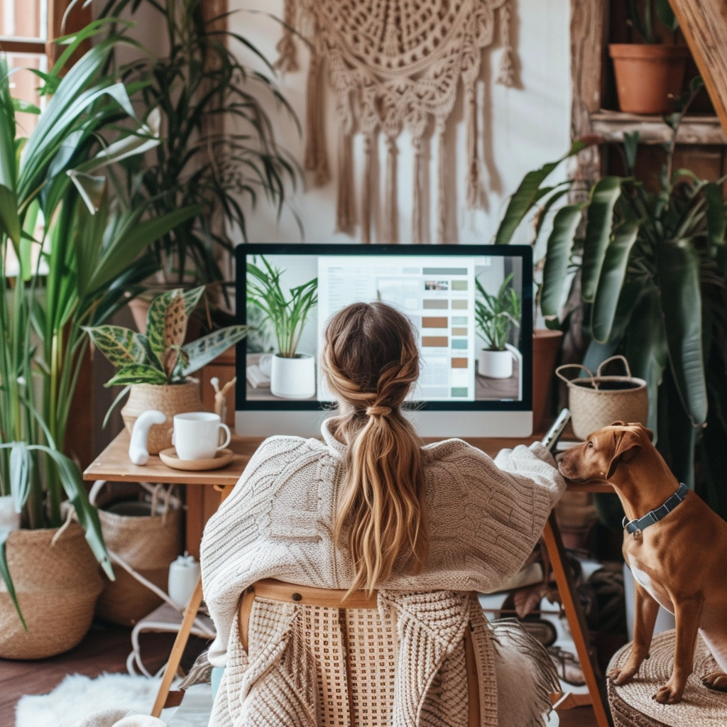 woman at computer, long blonde ponytail, looking at computer with dog surrounded by plants