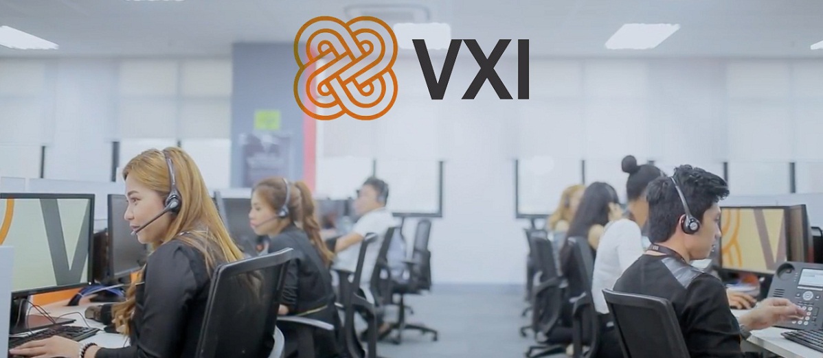 VXI logo over men and women working in call center